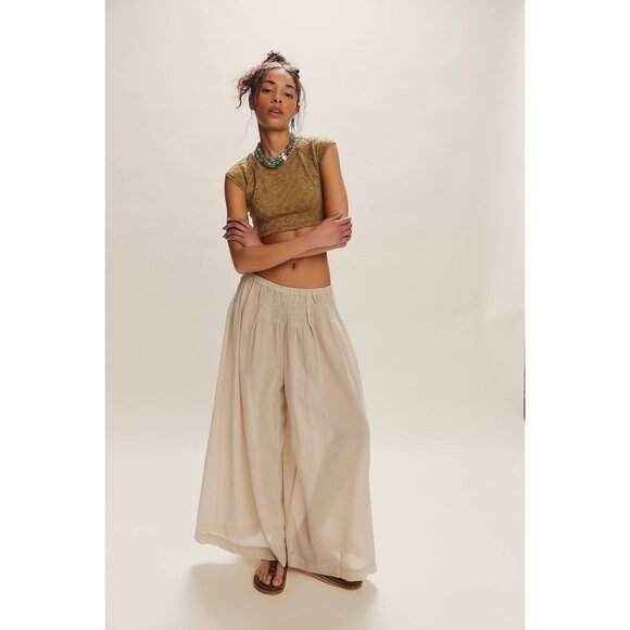 FREE PEOPLE Free-Est Rising Sun Wide-Leg Smocked Low-Rise Oatmeal Pants Sz M - Picture 2 of 7